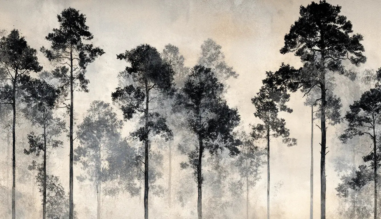 Voyage au cœur des pins – Papier peint panoramique forêt brumeuse - Illulart: Papier peint panoramique