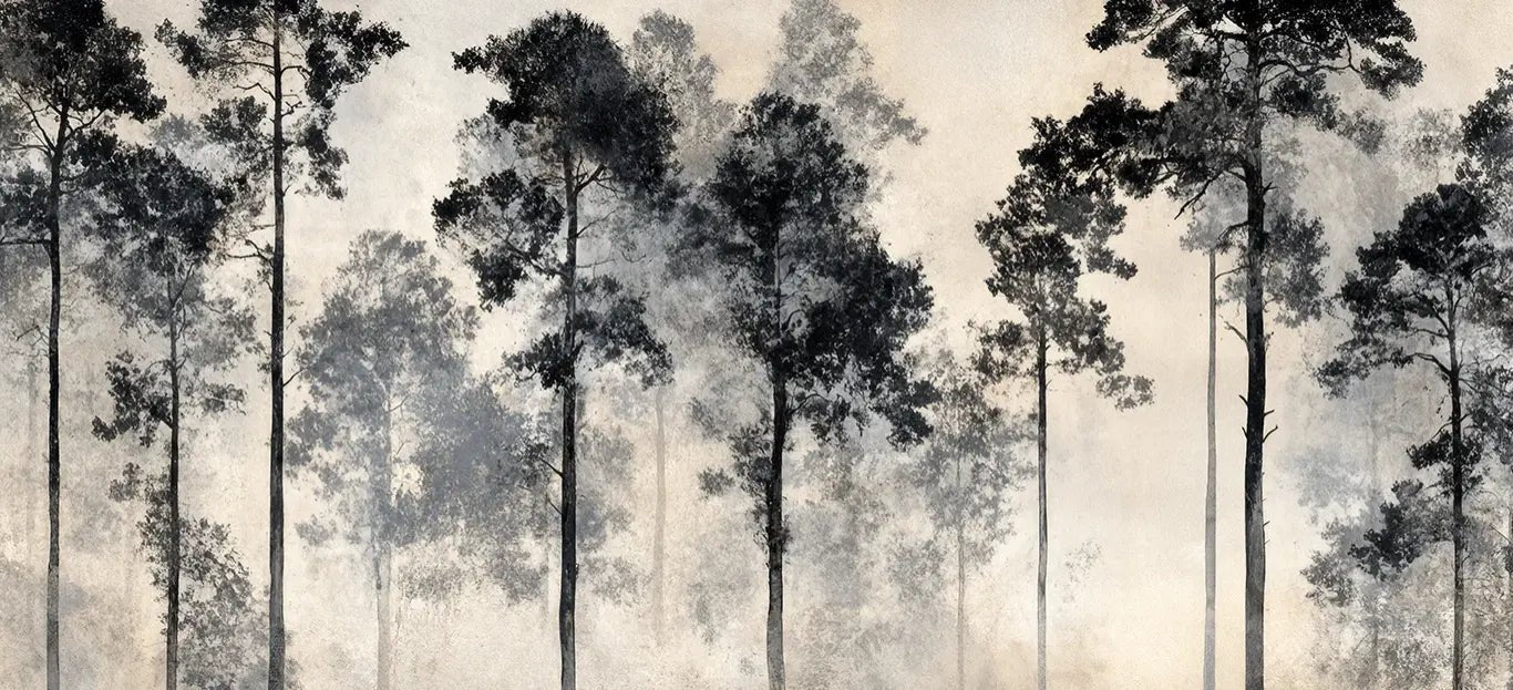 Voyage au cœur des pins – Papier peint panoramique forêt brumeuse - Illulart: Papier peint panoramique