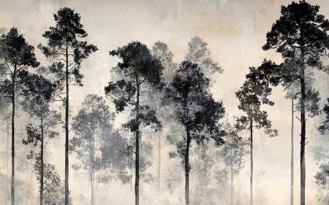 Voyage au cœur des pins – Papier peint panoramique forêt brumeuse - Illulart: Papier peint panoramique