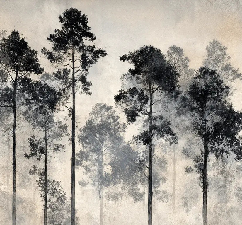Voyage au cœur des pins – Papier peint panoramique forêt brumeuse - Illulart: Papier peint panoramique