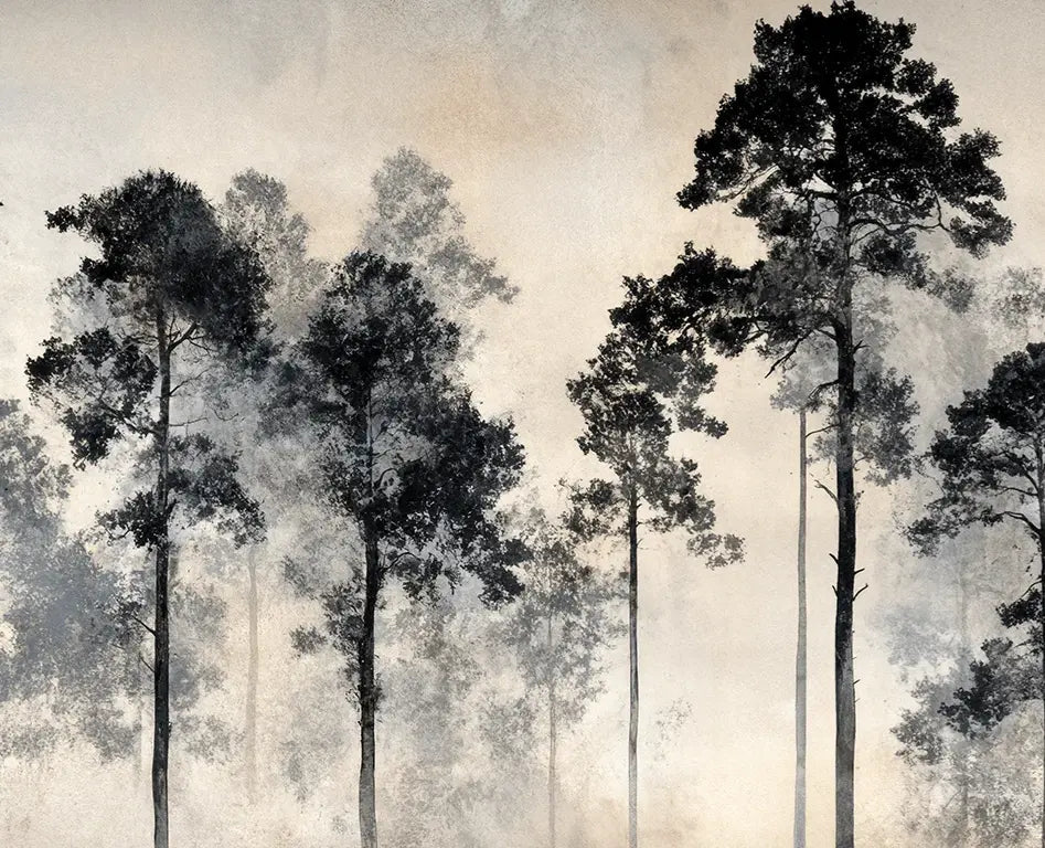 Voyage au cœur des pins – Papier peint panoramique forêt brumeuse - Illulart: Papier peint panoramique