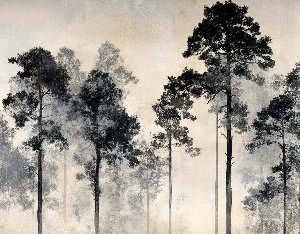 Voyage au cœur des pins – Papier peint panoramique forêt brumeuse - Illulart: Papier peint panoramique