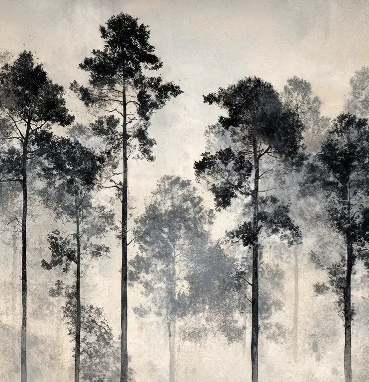 Voyage au cœur des pins – Papier peint panoramique forêt brumeuse - Illulart: Papier peint panoramique