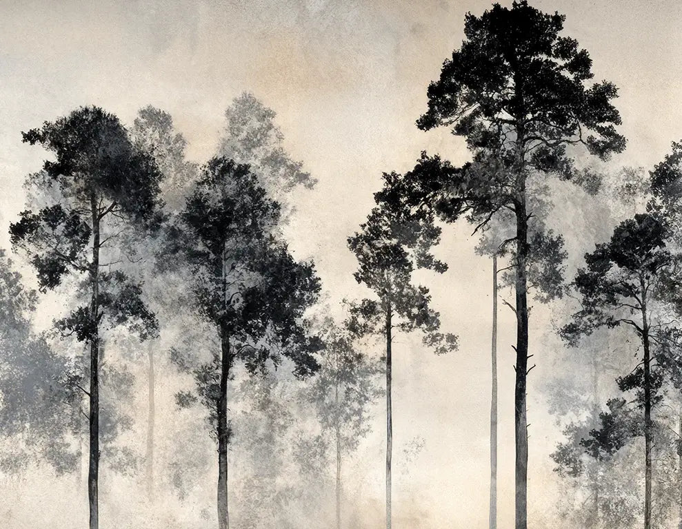 Voyage au cœur des pins – Papier peint panoramique forêt brumeuse - Illulart: Papier peint panoramique