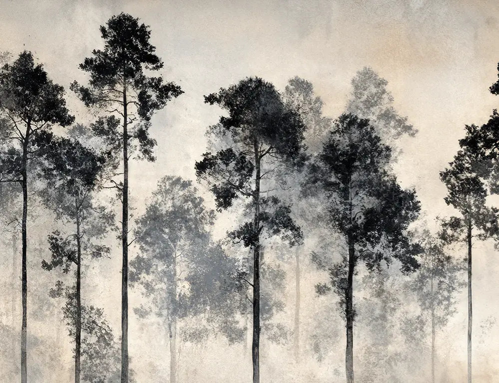 Voyage au cœur des pins – Papier peint panoramique forêt brumeuse - Illulart: Papier peint panoramique