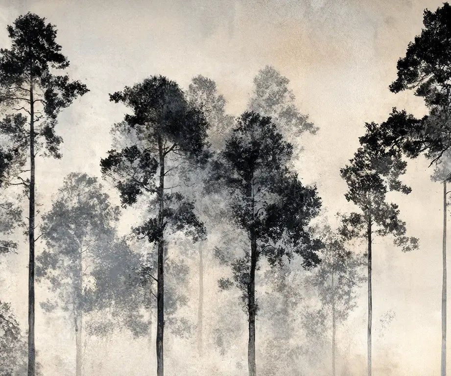 Voyage au cœur des pins – Papier peint panoramique forêt brumeuse - Illulart: Papier peint panoramique