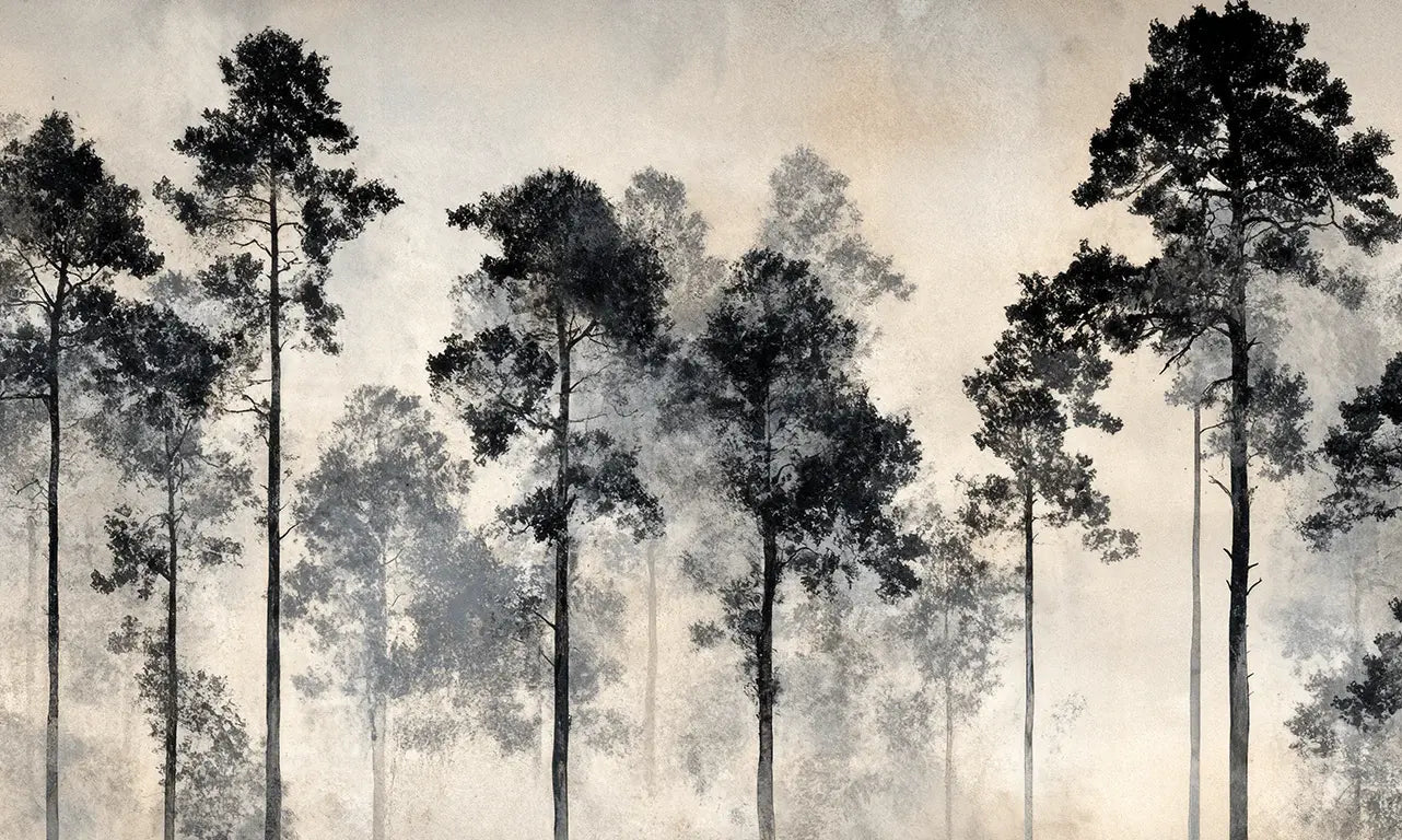 Voyage au cœur des pins – Papier peint panoramique forêt brumeuse - Illulart: Papier peint panoramique