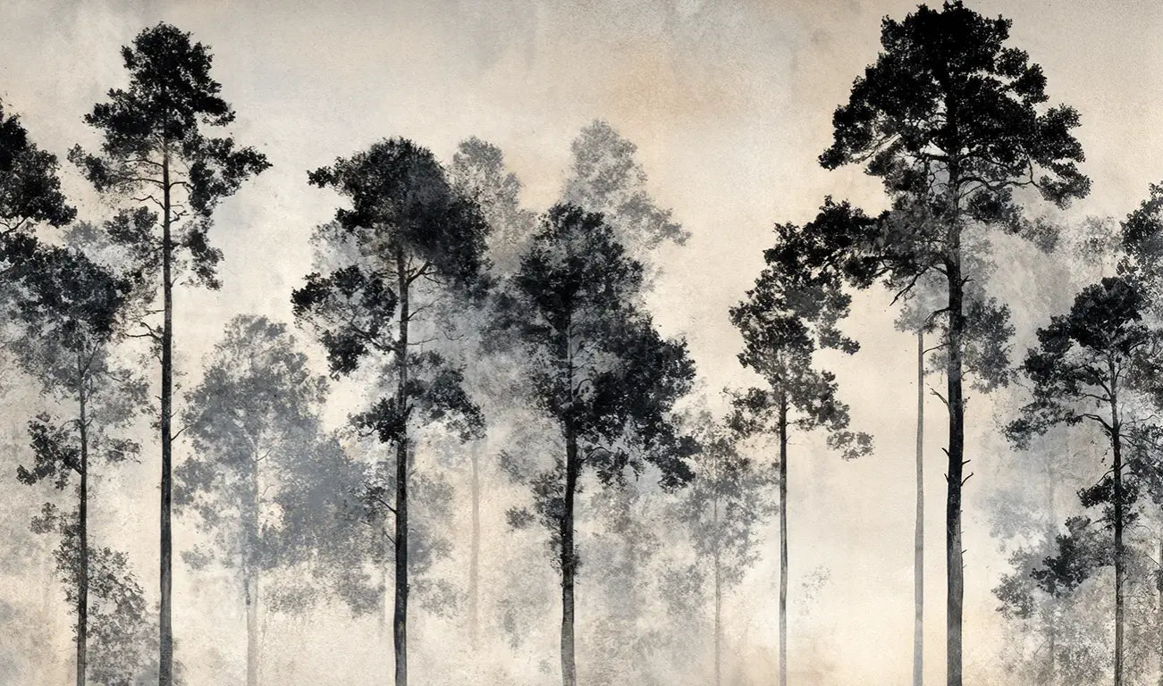Voyage au cœur des pins – Papier peint panoramique forêt brumeuse