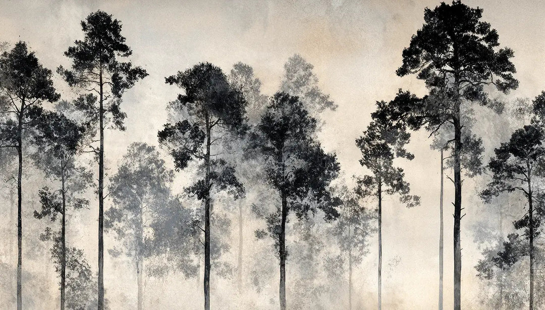 Voyage au cœur des pins – Papier peint panoramique forêt brumeuse - Illulart: Papier peint panoramique