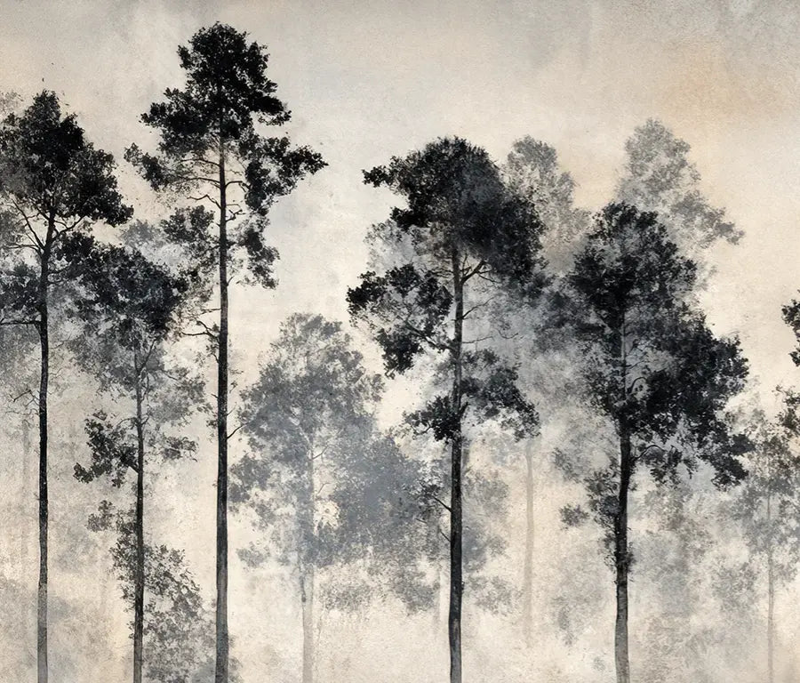 Voyage au cœur des pins – Papier peint panoramique forêt brumeuse - Illulart: Papier peint panoramique