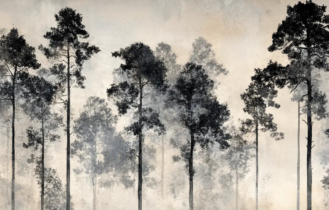 Voyage au cœur des pins – Papier peint panoramique forêt brumeuse - Illulart: Papier peint panoramique