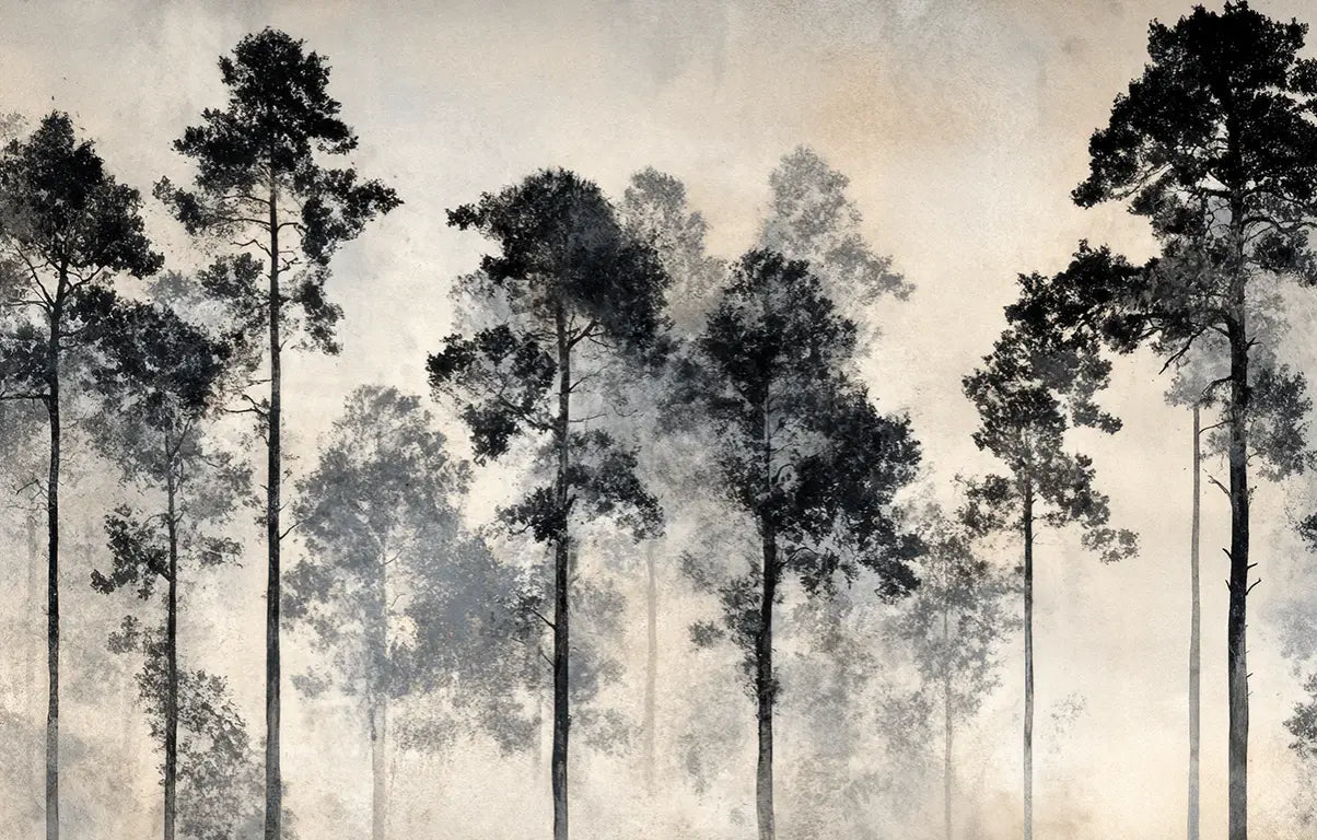 Voyage au cœur des pins – Papier peint panoramique forêt brumeuse - Illulart: Papier peint panoramique