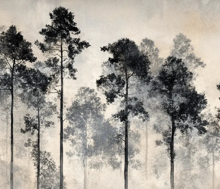 Voyage au cœur des pins – Papier peint panoramique forêt brumeuse - Illulart: Papier peint panoramique