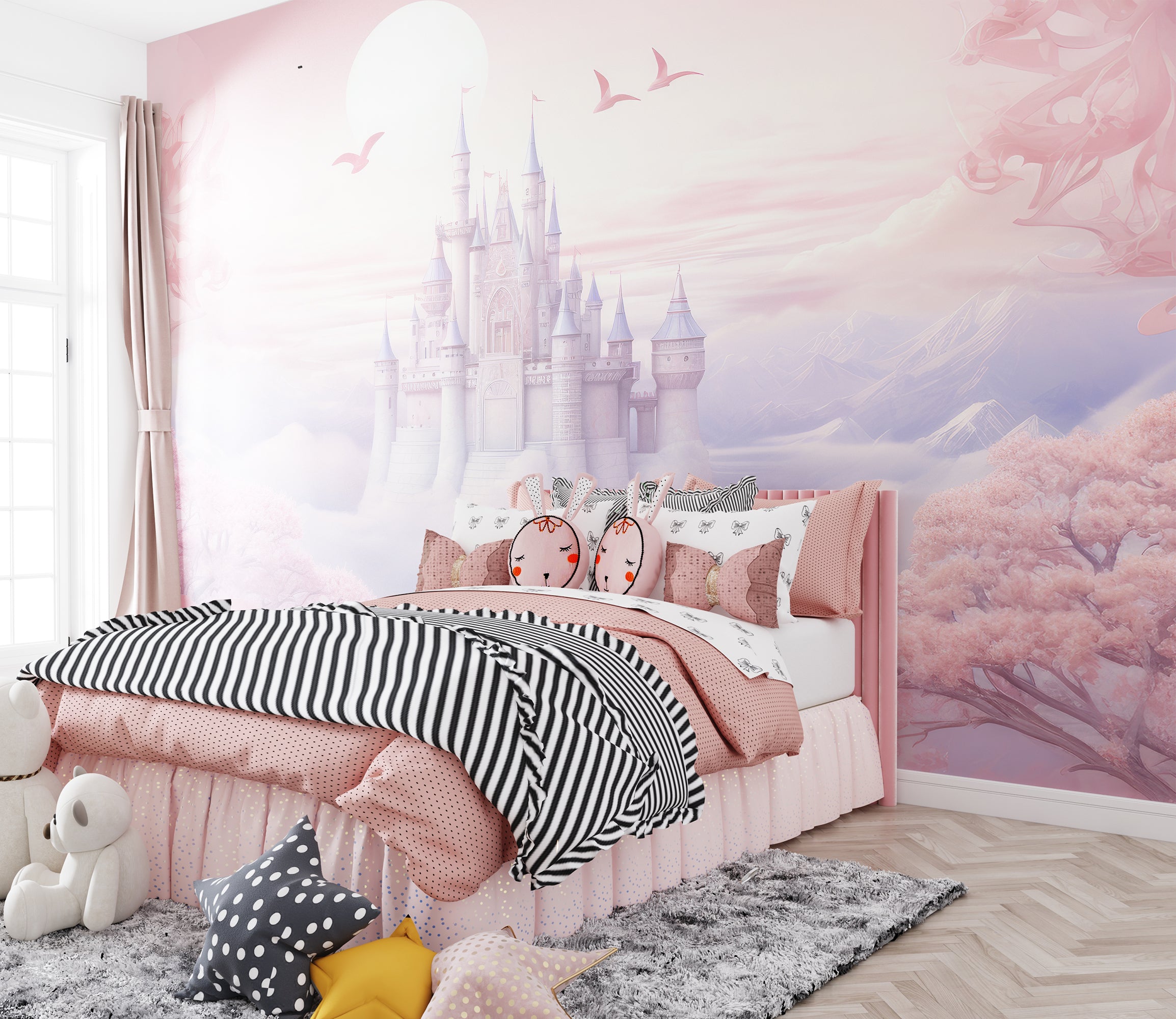Papier peint château enchanté dans une chambre de fille rose